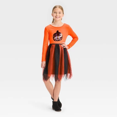 Girls' Long Sleeve Flip Sequin Halloween Dress - Cat & Jack™ Orange 3 Girls' Long Sleeve Flip Sequin Halloween Dress - Cat & Jack™ Orange