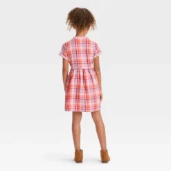 Girls' Short Sleeve Woven Dress - Cat & Jack™ Orange Plaid