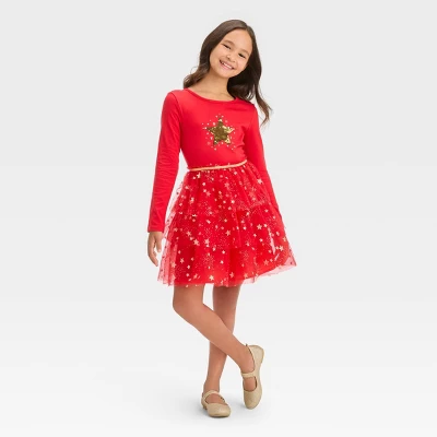 Girls' Long Sleeve Star Tiered Tulle Dress - Cat & Jack™ Red 6 Girls' Long Sleeve Star Tiered Tulle Dress - Cat & Jack™ Red - Image 4