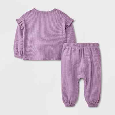 Baby Girls' 2pc Ruffle Cozy Thermal Sweatshirt & Jogger Pants Set - Cat & Jack™ 3 Baby Girls' 2pc Ruffle Cozy Thermal Sweatshirt & Jogger Pants Set - Cat & Jack™