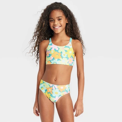 Girls' 3pc Spring Blooms Swimwear Set - Cat & Jack™ Light Aqua Blue 3 Girls' 3pc Spring Blooms Swimwear Set - Cat & Jack™ Light Aqua Blue