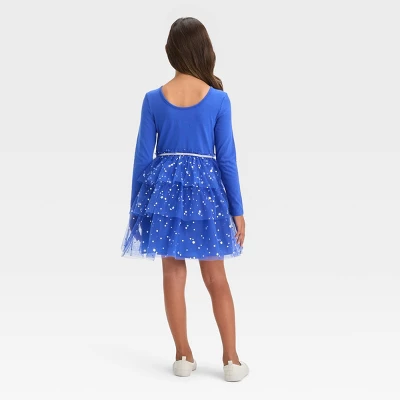 Girls' Long Sleeve Menorah Tiered Hanukkah Tulle Dress - Cat & Jack™ Blue 5 Girls' Long Sleeve Menorah Tiered Hanukkah Tulle Dress - Cat & Jack™ Blue - Image 3