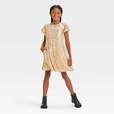 Girls' Short Sleeve Sequin A-Line Dress - Cat & Jack™ Gold 5 Girls' Short Sleeve Sequin A-Line Dress - Cat & Jack™ Gold - Image 3