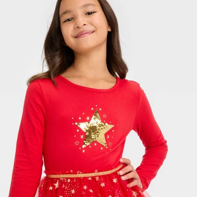 Girls' Long Sleeve Star Tiered Tulle Dress - Cat & Jack™ Red 4 Girls' Long Sleeve Star Tiered Tulle Dress - Cat & Jack™ Red - Image 2