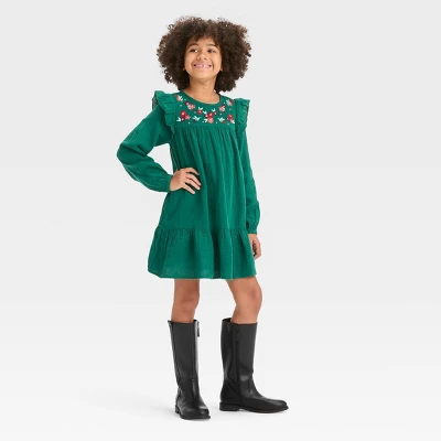 Girls' Long Sleeve Woven Floral Dress - Cat & Jack™ Forest Green 4 Girls' Long Sleeve Woven Floral Dress - Cat & Jack™ Forest Green - Image 2