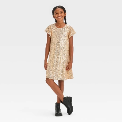 Girls' Short Sleeve Sequin A-Line Dress - Cat & Jack™ Gold 4 Girls' Short Sleeve Sequin A-Line Dress - Cat & Jack™ Gold - Image 2