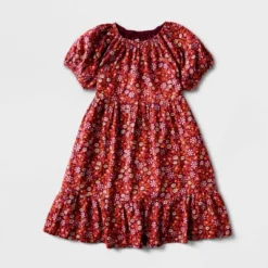 Girls' Adaptive Short Sleeve Woven Dress - Cat & Jack™ Burgundy -Kid Clothing GUEST 211fa217 4ea6 4756 8830 ec545739c8dd
