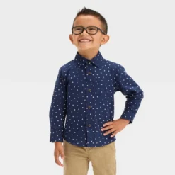 Toddler Boys' Long Sleeve Dot Printed 'Button-Down' Shirt - Cat & Jack™ Navy Blue -Kid Clothing GUEST 23590c00 6ee6 497c bede 3d283c18c25e
