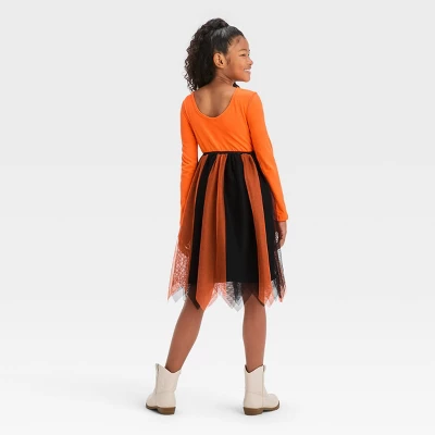 Girls' Adaptive Long Sleeve Sequin Halloween Tulle Dress - Cat & Jack™ Orange 5 Girls' Adaptive Long Sleeve Sequin Halloween Tulle Dress - Cat & Jack™ Orange - Image 3