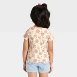 Toddler Girls' Short Sleeve Floral Ribbed T-Shirt - Cat & Jack™ Beige 5T