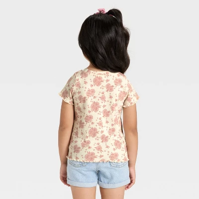 Toddler Girls' Short Sleeve Floral Ribbed T-Shirt - Cat & Jack™ Beige 18M 3 Toddler Girls' Short Sleeve Floral Ribbed T-Shirt - Cat & Jack™ Beige 18M