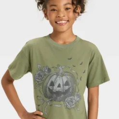 Girls' Short Sleeve Oversized Halloween Graphic T-Shirt - Cat & Jack™ Olive Green