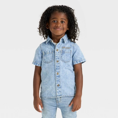 Toddler Boys' Short Sleeve Embroidered Denim Button-Up Shirt - Cat & Jack™ Medium Wash 6 Toddler Boys' Short Sleeve Embroidered Denim Button-Up Shirt - Cat & Jack™ Medium Wash - Image 4