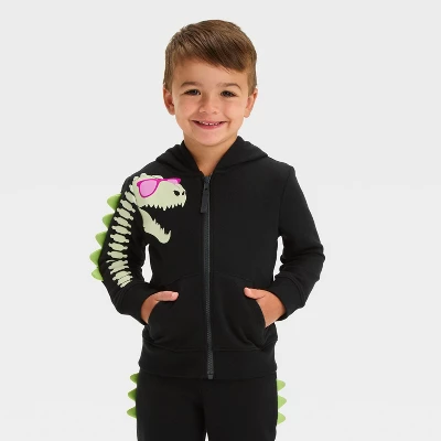 Toddler Boys' Glow In The Dark Dino Halloween Zip-Up Sweatshirt - Cat & Jack™ Black 6 Toddler Boys' Glow In The Dark Dino Halloween Zip-Up Sweatshirt - Cat & Jack™ Black - Image 4