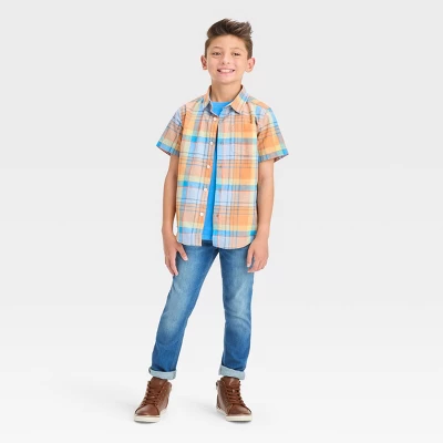 Boys' Short Sleeve Plaid Button-Down Shirt - Cat & Jack™ Orange 4 Boys' Short Sleeve Plaid Button-Down Shirt - Cat & Jack™ Orange - Image 2