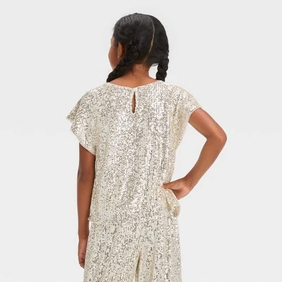 Girls' Short Sleeve Sequin Woven Shirt - Cat & Jack™ Silver 3 Girls' Short Sleeve Sequin Woven Shirt - Cat & Jack™ Silver