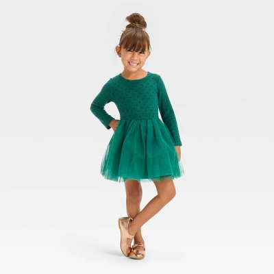Toddler Girls' Dot Long Sleeve Knit Tulle Dress - Cat & Jack™ Green 5 Toddler Girls' Dot Long Sleeve Knit Tulle Dress - Cat & Jack™ Green - Image 3