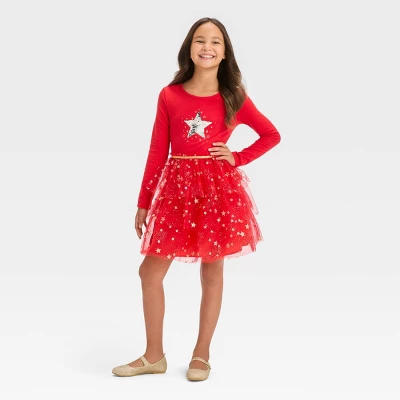Girls' Long Sleeve Star Tiered Tulle Dress - Cat & Jack™ Red 3 Girls' Long Sleeve Star Tiered Tulle Dress - Cat & Jack™ Red