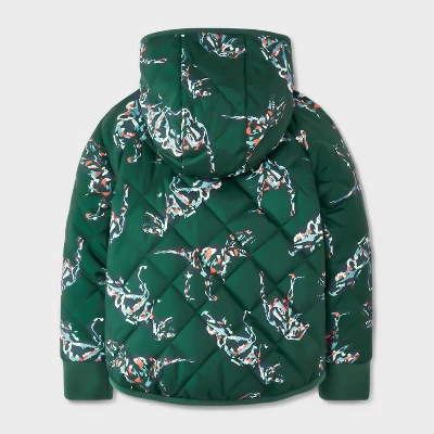 Toddler Boys' Dino Printed Quilted Reversible Puffer Jacket - Cat & Jack™ Dark Green 3 Toddler Boys' Dino Printed Quilted Reversible Puffer Jacket - Cat & Jack™ Dark Green
