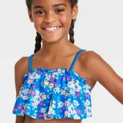 Girls' Floral Ruffle Edge Bandeau Bikini Set - Cat & Jack™ Blue