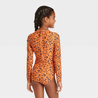 Girls' Spots Of Fun Long Sleeve One Piece Rash Guard Swimsuit - Cat & Jack™️ Orange 4 Girls' Spots Of Fun Long Sleeve One Piece Rash Guard Swimsuit - Cat & Jack™️ Orange - Image 2