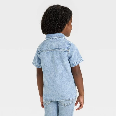 Toddler Boys' Short Sleeve Embroidered Denim Button-Up Shirt - Cat & Jack™ Medium Wash 4 Toddler Boys' Short Sleeve Embroidered Denim Button-Up Shirt - Cat & Jack™ Medium Wash - Image 2