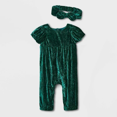 Baby Girls' Crinkle Crushed Velour Romper With Headband - Cat & Jack™ Green 6 Baby Girls' Crinkle Crushed Velour Romper With Headband - Cat & Jack™ Green - Image 4