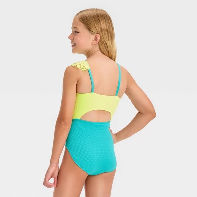 Girls' 'Beach Dreams' Solid One Piece Swimsuit - Cat & Jack™ Yellow/Light Blue 4 Girls' 'Beach Dreams' Solid One Piece Swimsuit - Cat & Jack™ Yellow/Light Blue - Image 2