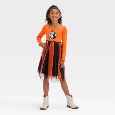 Girls' Adaptive Long Sleeve Sequin Halloween Tulle Dress - Cat & Jack™ Orange 6 Girls' Adaptive Long Sleeve Sequin Halloween Tulle Dress - Cat & Jack™ Orange - Image 4
