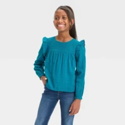 Girls' Long Sleeve Woven Ruffle Shirt - Cat & Jack™ Teal Blue -Kid Clothing GUEST 592e6104 bfc5 4b6b ae09 941d46c41136