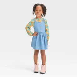 Toddler Girls' Plaid Long Sleeve Top & Denim Skirtall Set - Cat & Jack™ Blue -Kid Clothing GUEST 5991171d 4a53 4e09 8a1c 53a3d8ba462f