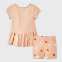 Baby Girls' 2pc Smiling Pumpkin Peplum T-Shirt And Bike Shorts Set - Cat & Jack™ Peach Orange