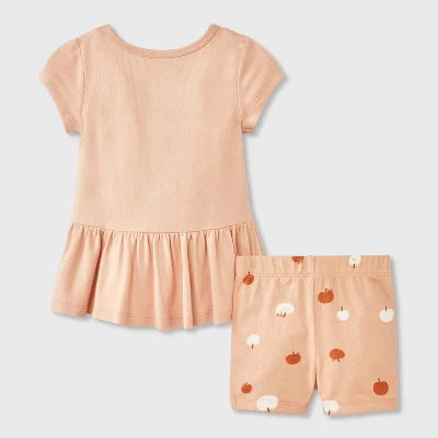 Baby Girls' 2pc Smiling Pumpkin Peplum T-Shirt And Bike Shorts Set - Cat & Jack™ Peach Orange 2 Baby Girls' 2pc Smiling Pumpkin Peplum T-Shirt And Bike Shorts Set - Cat & Jack™ Peach Orange