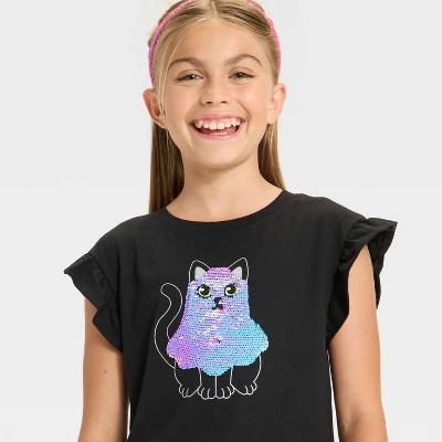 Girls' Short Sleeve Halloween 'Ghost Cat' Flip Sequin T-Shirt - Cat & Jack™ Black 4 Girls' Short Sleeve Halloween 'Ghost Cat' Flip Sequin T-Shirt - Cat & Jack™ Black - Image 2