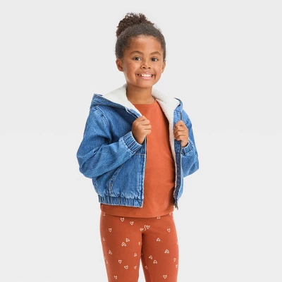 Girls' Hooded Zip-Up Faux Shearling Jean Jacket - Cat & Jack™ Medium Wash 5 Girls' Hooded Zip-Up Faux Shearling Jean Jacket - Cat & Jack™ Medium Wash - Image 3