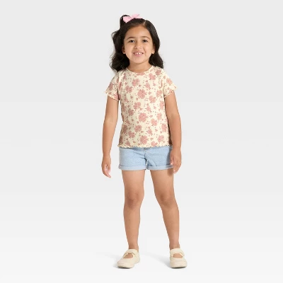 Toddler Girls' Short Sleeve Floral Ribbed T-Shirt - Cat & Jack™ Beige 12M 4 Toddler Girls' Short Sleeve Floral Ribbed T-Shirt - Cat & Jack™ Beige 12M - Image 2