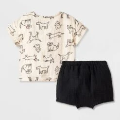 Baby Boys' Dog Printed Henley Gauze Shorts Set - Cat & Jack™ Black