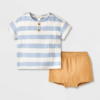 Baby Boys' Striped Henley Gauze Shorts Set - Cat & Jack™ Blue 6 Baby Boys' Striped Henley Gauze Shorts Set - Cat & Jack™ Blue - Image 4