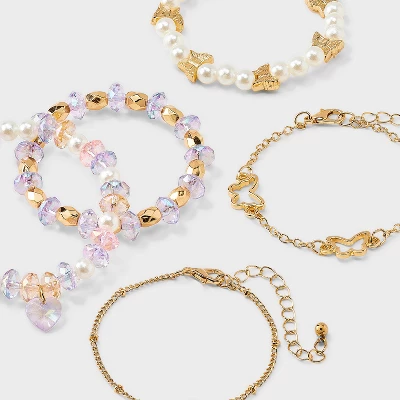 Girls' 5pk Flowers And Butterflies Bracelet Set - Cat & Jack™️ Gold/Purple: Beaded, Chain, Stretch Styles 4 Girls' 5pk Flowers And Butterflies Bracelet Set - Cat & Jack™️ Gold/Purple: Beaded, Chain, Stretch Styles - Image 2