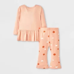 Baby Girls' 2pc Halloween Pumpkin Peplum Flared Leggings Set - Cat & Jack™ Peach Orange