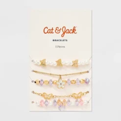 Girls' 5pk Flowers And Butterflies Bracelet Set - Cat & Jack™️ Gold/Purple: Beaded, Chain, Stretch Styles