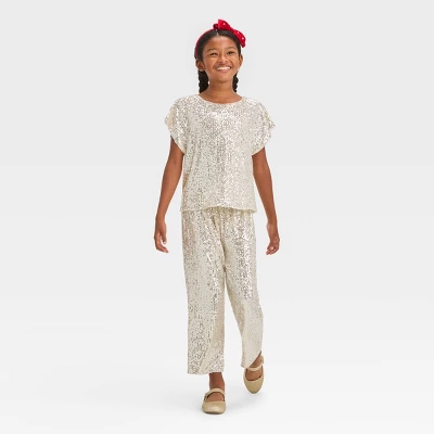 Girls' Short Sleeve Sequin Woven Shirt - Cat & Jack™ Silver 4 Girls' Short Sleeve Sequin Woven Shirt - Cat & Jack™ Silver - Image 2