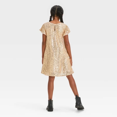 Girls' Short Sleeve Sequin A-Line Dress - Cat & Jack™ Gold 3 Girls' Short Sleeve Sequin A-Line Dress - Cat & Jack™ Gold