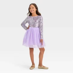 Girls' Long Sleeve Sequin Tulle Dress - Cat & Jack™ Lavender -Kid Clothing GUEST a5201e8e 0a8b 4708 acf8 39f4fc3e9b4b