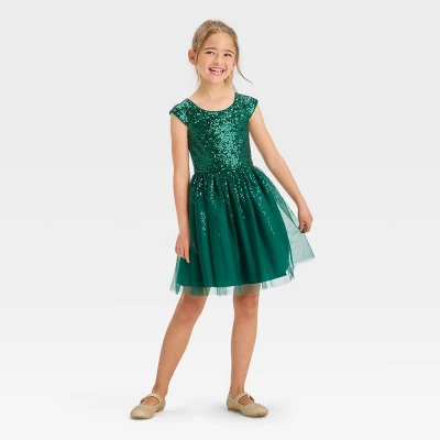 Girls' Cap Sleeve Sequin Dress - Cat & Jack™ Green 4 Girls' Cap Sleeve Sequin Dress - Cat & Jack™ Green - Image 2