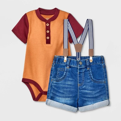 Baby Boys' Denim Shorts Henley Suspender Set - Cat & Jack™ Burgundy 6 Baby Boys' Denim Shorts Henley Suspender Set - Cat & Jack™ Burgundy - Image 4