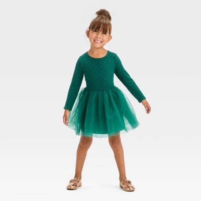 Toddler Girls' Dot Long Sleeve Knit Tulle Dress - Cat & Jack™ Green 4 Toddler Girls' Dot Long Sleeve Knit Tulle Dress - Cat & Jack™ Green - Image 2