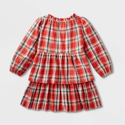 Toddler Girls' Adaptive Abdominal Access Long Sleeve Plaid Tiered Woven Dress - Cat & Jack™ Red 3 Toddler Girls' Adaptive Abdominal Access Long Sleeve Plaid Tiered Woven Dress - Cat & Jack™ Red