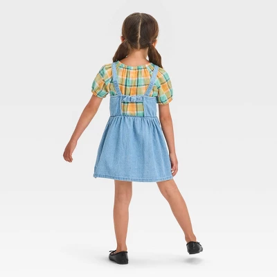 Toddler Girls' Plaid Short Sleeve Top & Denim Skirtall Set - Cat & Jack™ Blue 3 Toddler Girls' Plaid Short Sleeve Top & Denim Skirtall Set - Cat & Jack™ Blue