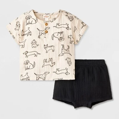 Baby Boys' Dog Printed Henley Gauze Shorts Set - Cat & Jack™ Black 6 Baby Boys' Dog Printed Henley Gauze Shorts Set - Cat & Jack™ Black - Image 4